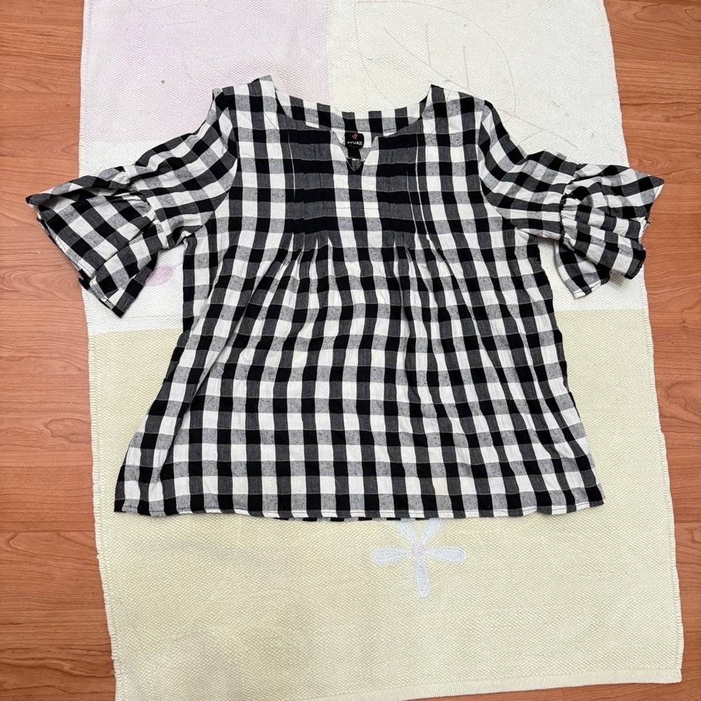 Ijoah Gingham Check Blouse Black White Balloon Sleeve - Size S - Babydoll Tunic